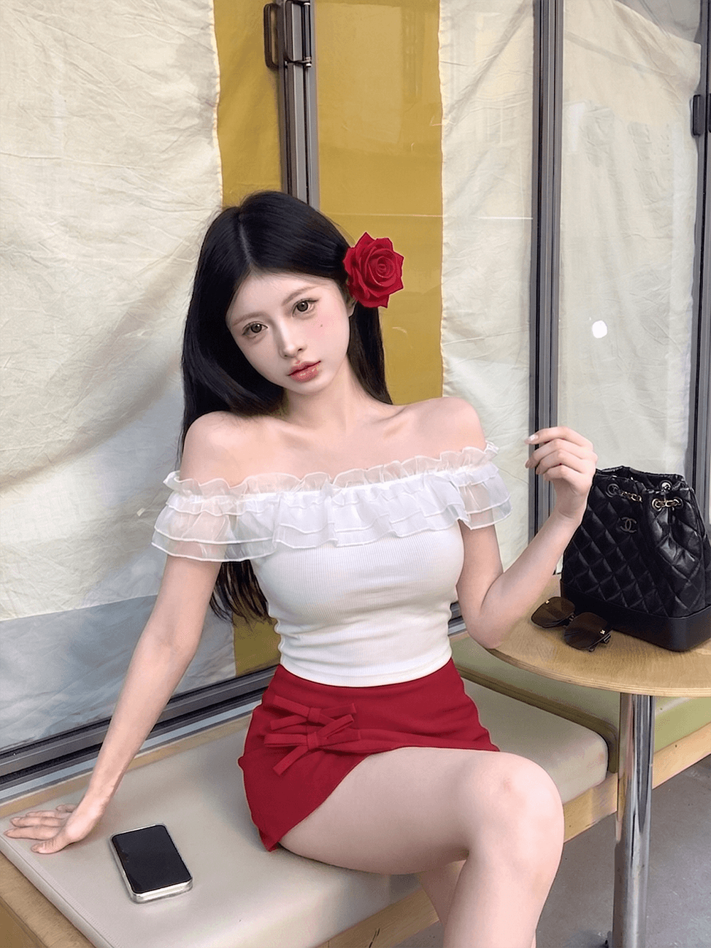 오프숄더 몸매 가꾸기 다용도 반팔 티셔츠 맨위 여성 나비 매듭 한 마디 슬림해 보이는 몸매 가꾸기 타이트 스커트 미니 스커트 상세 이미지 2