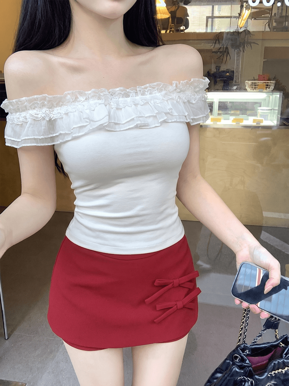 오프숄더 몸매 가꾸기 다용도 반팔 티셔츠 맨위 여성 나비 매듭 한 마디 슬림해 보이는 몸매 가꾸기 타이트 스커트 미니 스커트 상세 이미지 3