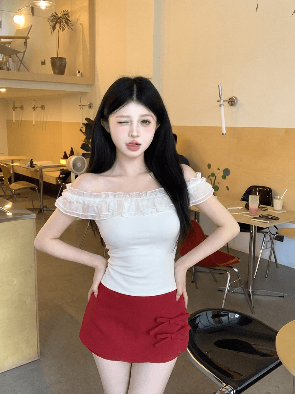 오프숄더 몸매 가꾸기 다용도 반팔 티셔츠 맨위 여성 나비 매듭 한 마디 슬림해 보이는 몸매 가꾸기 타이트 스커트 미니 스커트 상세 이미지 5