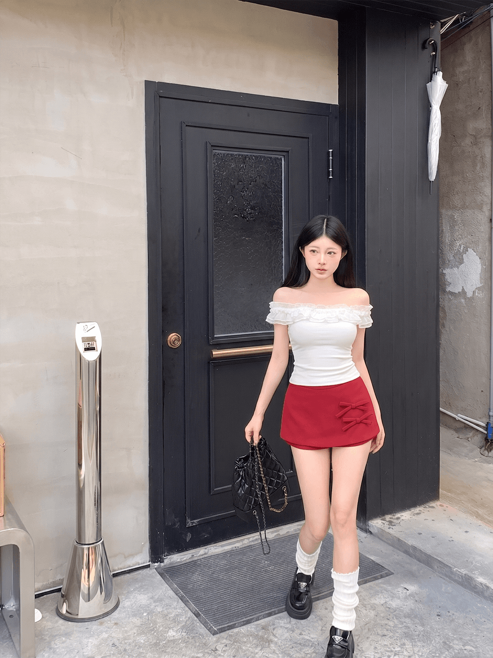 오프숄더 몸매 가꾸기 다용도 반팔 티셔츠 맨위 여성 나비 매듭 한 마디 슬림해 보이는 몸매 가꾸기 타이트 스커트 미니 스커트 상세 이미지 6