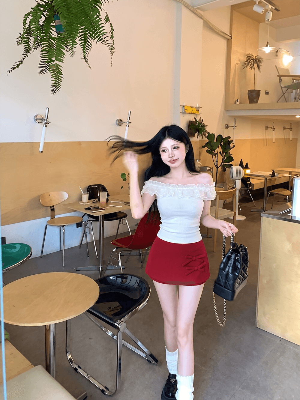오프숄더 몸매 가꾸기 다용도 반팔 티셔츠 맨위 여성 나비 매듭 한 마디 슬림해 보이는 몸매 가꾸기 타이트 스커트 미니 스커트 상세 이미지 8