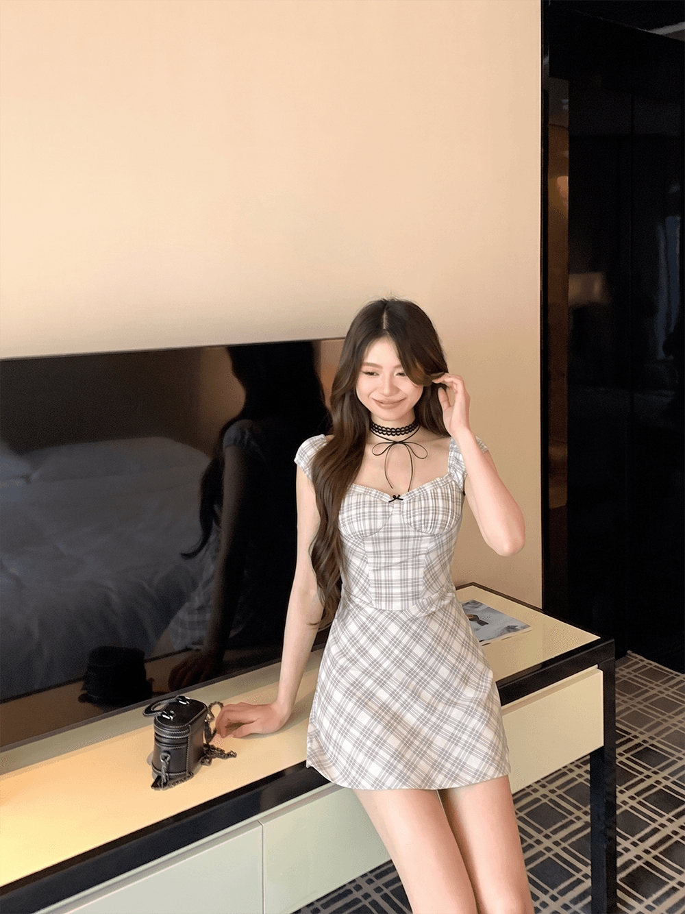 핫걸 체크무늬 여성 드레스 도파민 레이스 측면 순수한 욕망 튜브탑 슬립 드레스 상세 이미지 1