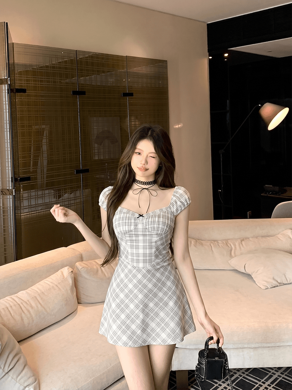 핫걸 체크무늬 여성 드레스 도파민 레이스 측면 순수한 욕망 튜브탑 슬립 드레스 상세 이미지 8
