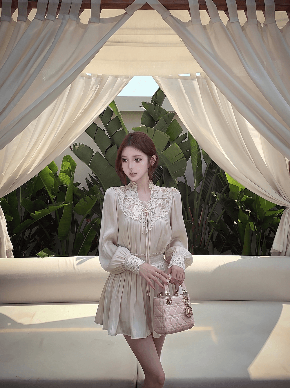 질감 구슬 빛 절묘한 우아함 홀로우 아웃 레이스 맨위 한 마디 미니 스커트 세트 상세 이미지 5