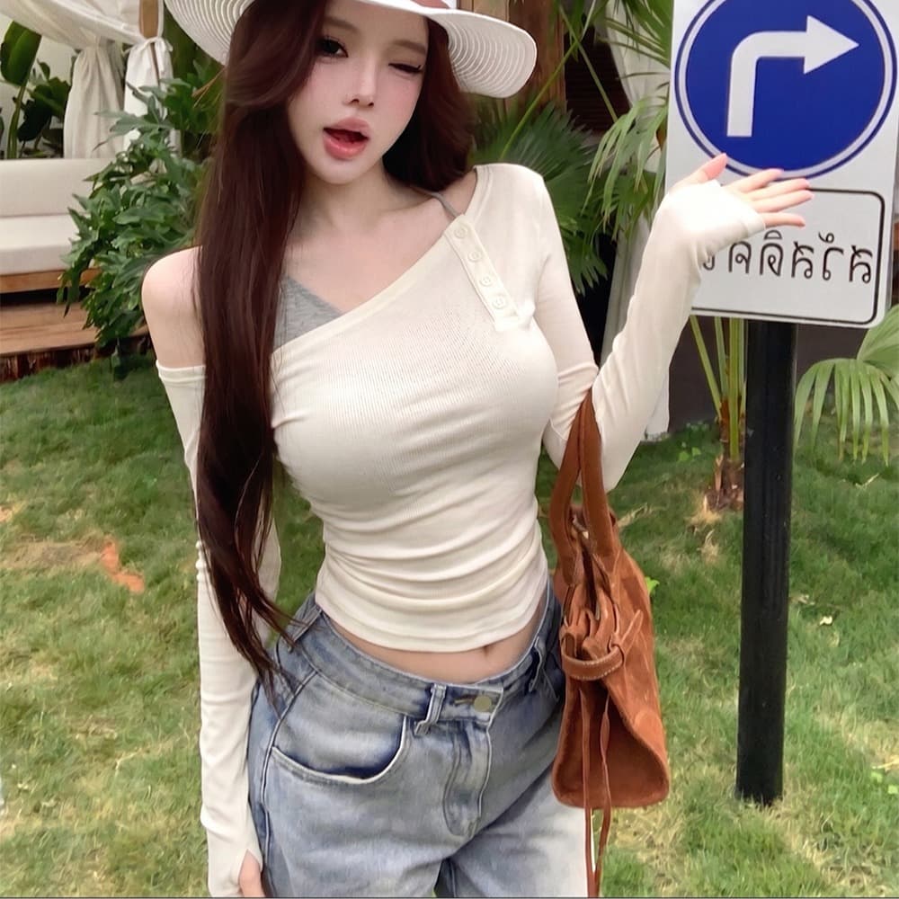 비스듬한 어깨 티셔츠 여성 이른 가을 부드러운 맨위 인사이드 가져 가라. V넥 조끼 슬립 여성 순수한 욕망 분위기 센스 맨위 이미지 5