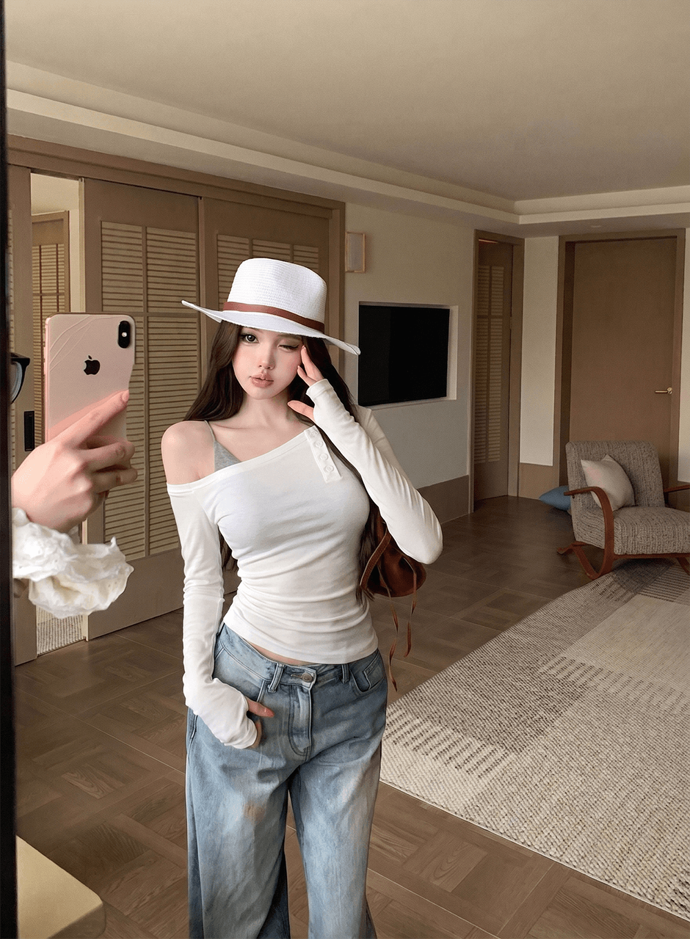 비스듬한 어깨 티셔츠 여성 이른 가을 부드러운 맨위 인사이드 가져 가라. V넥 조끼 슬립 여성 순수한 욕망 분위기 센스 맨위 상세 이미지 3