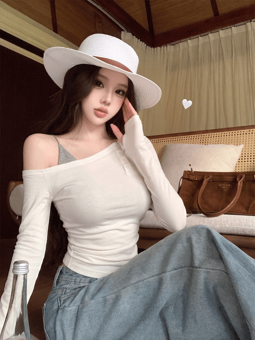 비스듬한 어깨 티셔츠 여성 이른 가을 부드러운 맨위 인사이드 가져 가라. V넥 조끼 슬립 여성 순수한 욕망 분위기 센스 맨위 상세 이미지 7