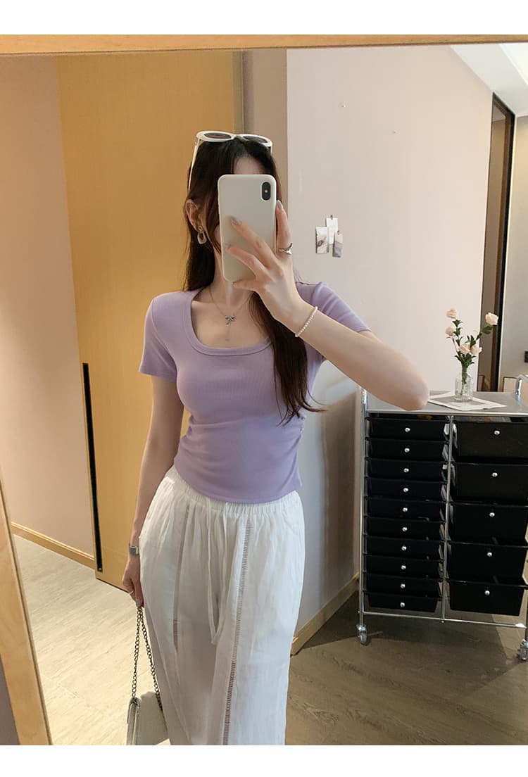 실행 금액 섹션 아니요 돌아 가기 실사 한 부서 미니멀리즘 캐주얼 섹션 u 칼라 긍정적 인 어깨 반팔 티셔츠 여성 2025 여름 새로운 상세 이미지 16