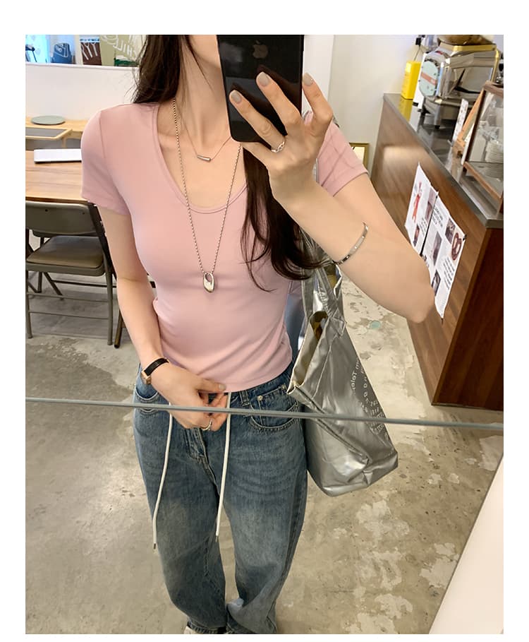 실행 금액 섹션 아니요 돌아 가기 실사 그림 폭발 패션 외국 가스 긍정적 인 어깨 몸매 가꾸기 반팔 티셔츠 여성 상세 이미지 22