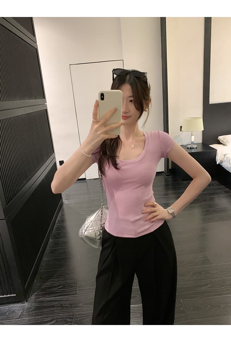 실행 금액 섹션 아니요 돌아 가기 실사 그림 긍정적 인 어깨 몸매 가꾸기 반팔 티셔츠 여성 여름 2025 새로운 외국 가스 슬림해 보이는 맨위 상세 이미지 44