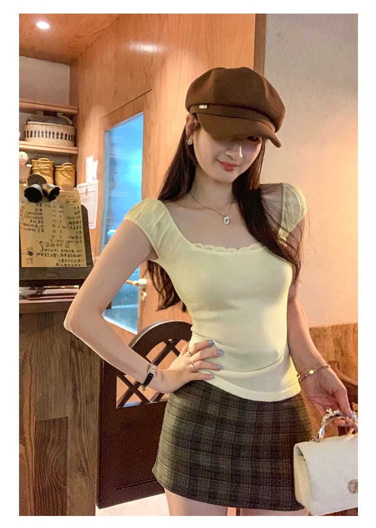 실사 그림 오프숄더 레이스 측면 광장 칼라 양모 조끼 티셔츠 여성 여름 2026 새로운 아름다운 한 첨부 된 의류 상세 이미지 24