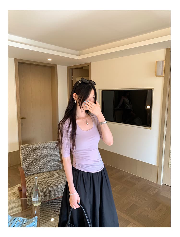 실사 그림 꼬집기 허리 u 칼라 5 점 소매 티셔츠 여성 여름 2026 새로운 올해 인기 ~ 중 폭발 여성 의류 맨위 상세 이미지 21