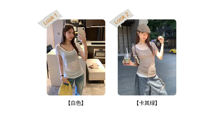 실사 라이 경기 서울 주간 실크 꼬집기 허리 주름 얇은 스타일 마이크로 ~을 통해 u 칼라 반팔 티셔츠 여성 여름 2026 슈퍼 화재 연령 감소 맨위 상세 이미지 6