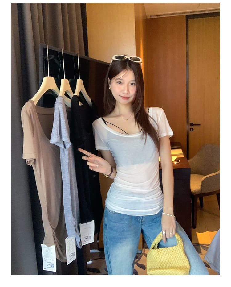 실사 라이 경기 서울 주간 실크 꼬집기 허리 주름 얇은 스타일 마이크로 ~을 통해 u 칼라 반팔 티셔츠 여성 여름 2026 슈퍼 화재 연령 감소 맨위 상세 이미지 14