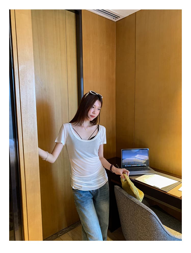 실사 라이 경기 서울 주간 실크 꼬집기 허리 주름 얇은 스타일 마이크로 ~을 통해 u 칼라 반팔 티셔츠 여성 여름 2026 슈퍼 화재 연령 감소 맨위 상세 이미지 16
