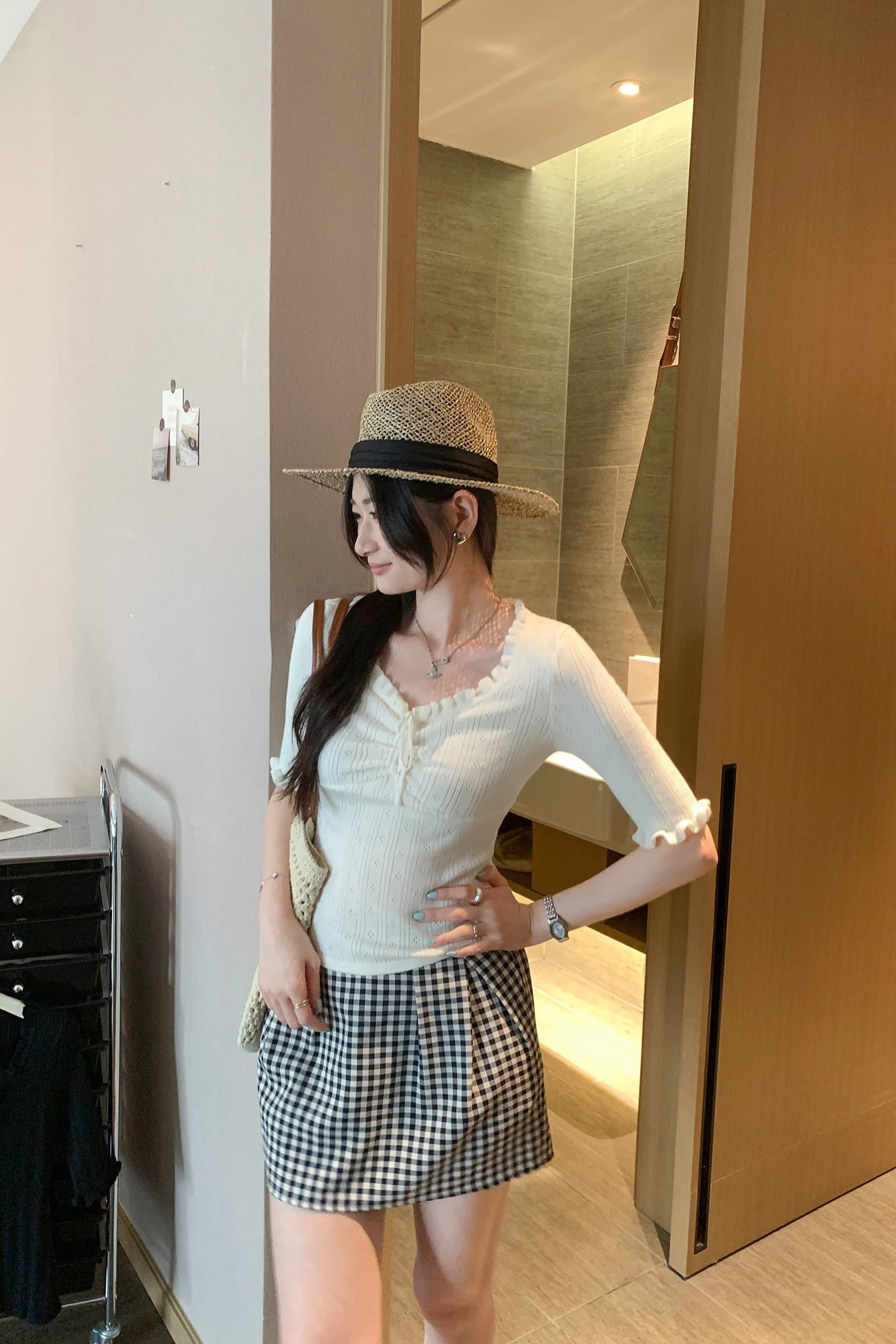 실사 그림 프릴 스트랩 양모 니트 5 점 소매 티셔츠 여성 2026 새로운 자이언트 잘 생긴 ~ 중 쇼트 스타일 맨위 이미지 7