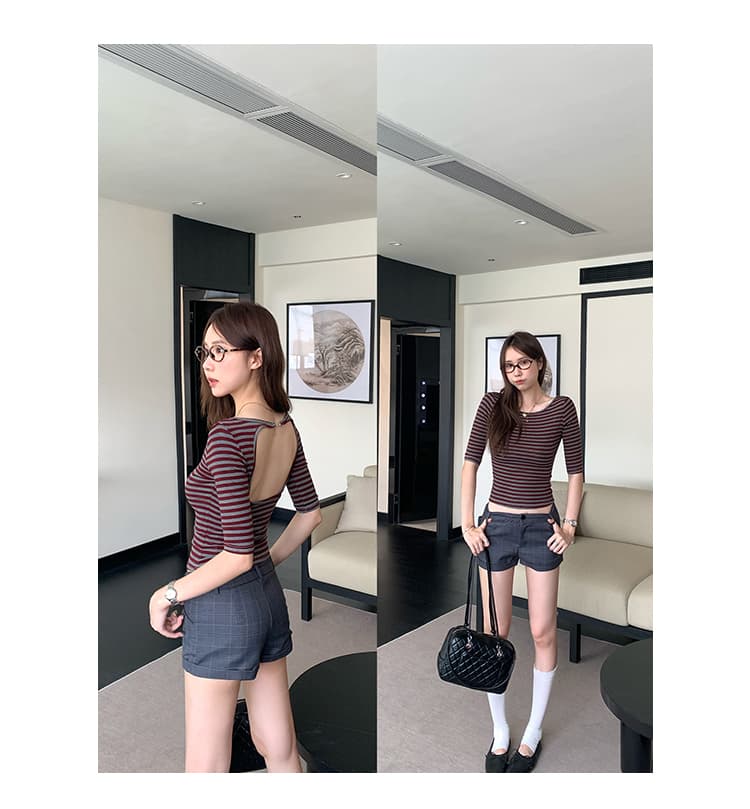 실사 그림 오래된 돈 바람 몸매 가꾸기 슬림해 보이는 스트라이프 백리스 보트넥 5 점 소매 티셔츠 여성 2026 여름 새로운 맨위 상세 이미지 22