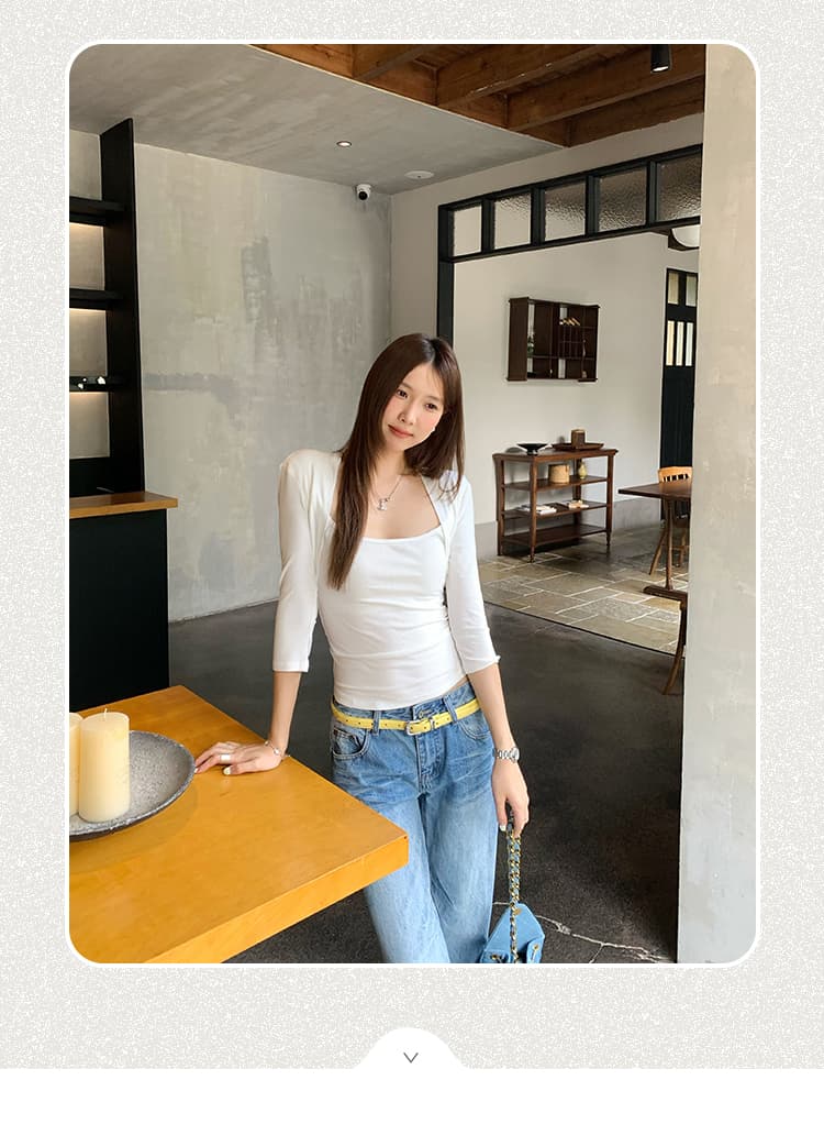 실사 그림 몸매 가꾸기 페이크 레이어드 광장 칼라 5 점 소매 티셔츠 여성 2026 여름 새로운 한 부서 디자인 센스 맨위 상세 이미지 2