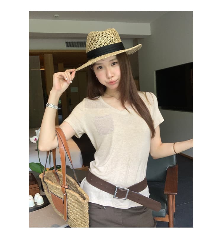 실사 그림 한 부서 몸매 가꾸기 주머니 디자인 V넥 반팔 양모 티셔츠 2026 새로운 올해 인기 폭발 맨위 상세 이미지 10