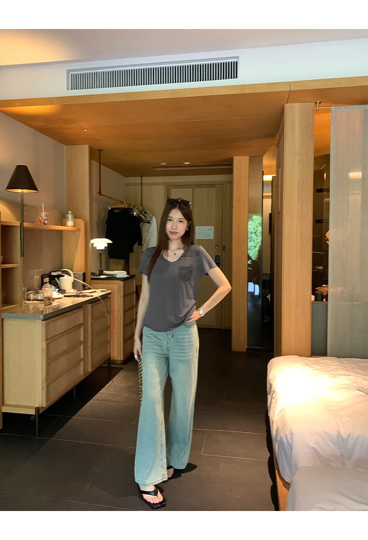 실사 그림 한 부서 몸매 가꾸기 주머니 디자인 V넥 반팔 양모 티셔츠 2026 새로운 올해 인기 폭발 맨위 상세 이미지 20