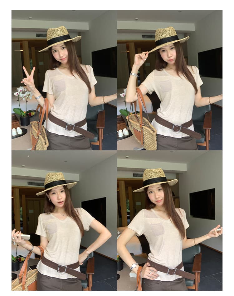 실사 그림 한 부서 몸매 가꾸기 주머니 디자인 V넥 반팔 양모 티셔츠 2026 새로운 올해 인기 폭발 맨위 상세 이미지 12