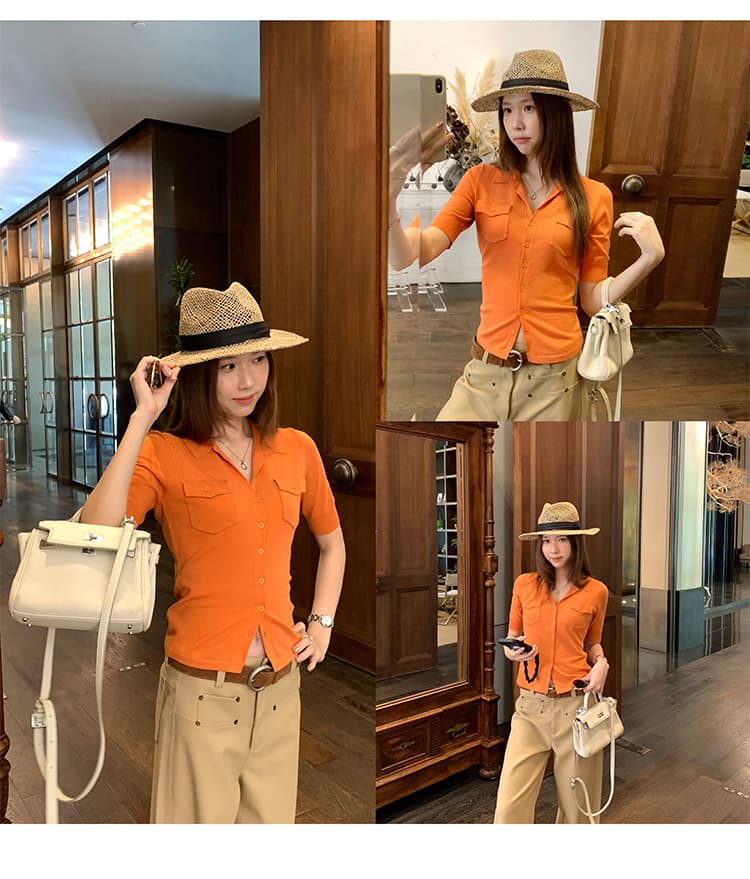 실사 그림 한 부서 주머니 디자인 단추 폴로 칼라 POLO 셔츠 여자 2026 새로운 얇은 스타일 오픈 가디건 맨위 상세 이미지 21