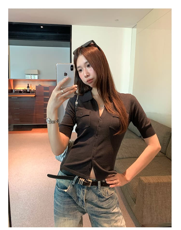 실사 그림 한 부서 주머니 디자인 단추 폴로 칼라 POLO 셔츠 여자 2026 새로운 얇은 스타일 오픈 가디건 맨위 상세 이미지 27