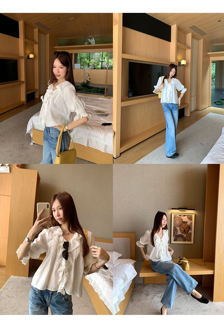 실사 그림 프랑스식 몸매 가꾸기 프릴 V넥 거품 소매 티셔츠 여성 2026 여름 새로운 매우 요정 매우 Chic ~ 중 맨위 상세 이미지 11