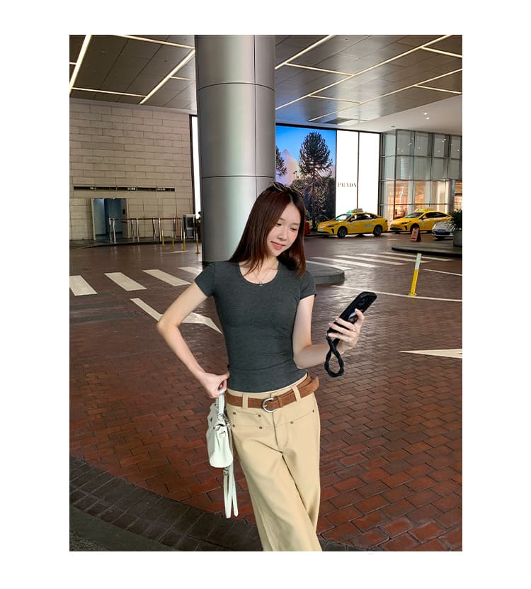실사 그림 아메리칸 핫걸 긍정적 인 어깨 몸매 가꾸기 라운드 넥 반팔 티셔츠 여성 여름 2026 새로운 쇼트 스타일 작은 맨위 상세 이미지 11