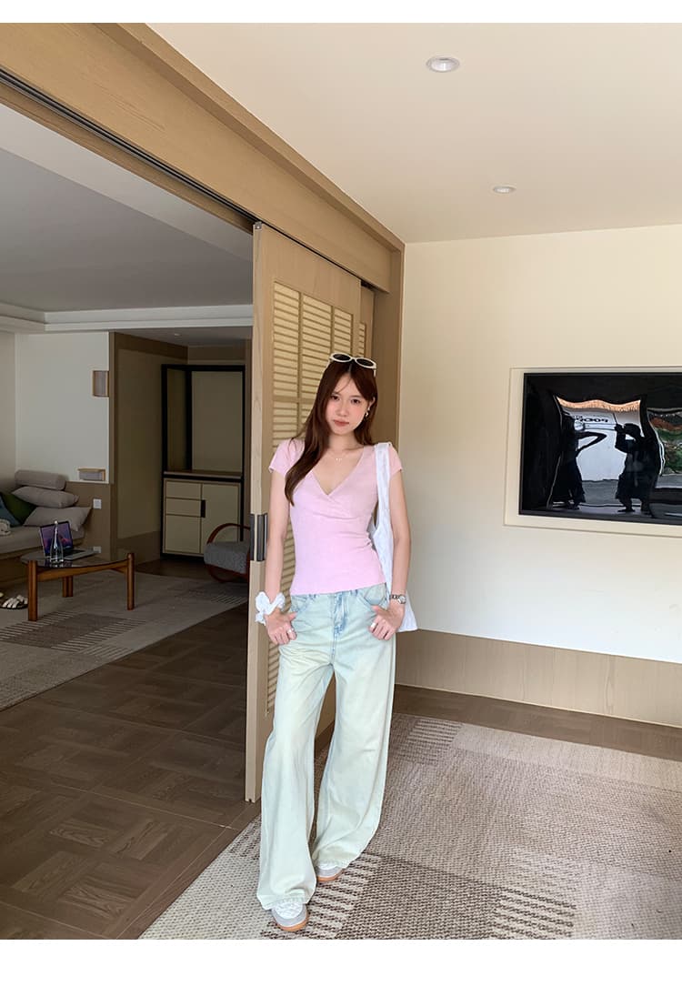 실사 그림 한 부서 Chic 몸매 가꾸기 V넥 니트 반팔 여성 여름 2026 새로운 디자인 센스 꼬집기 허리 순면 맨위 상세 이미지 15