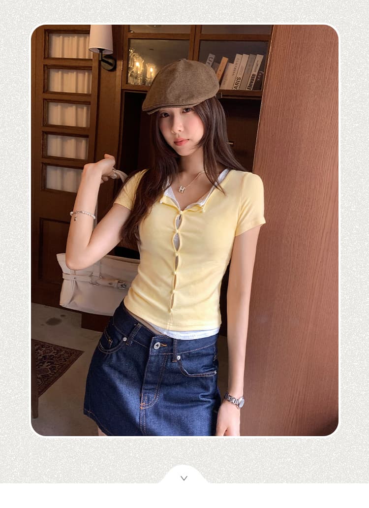 실사 그림 여름 긍정적 인 어깨 홀로우 아웃 라운드 넥 패치워크 색상 페이크 레이어드 반팔 티셔츠 여성 2026 새로운 Chic 맨위 상세 이미지 2
