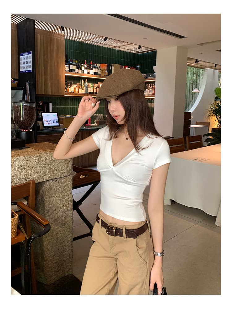 실사 그림 한 부서 Chic V넥 주름 슬림해 보이는 반팔 티셔츠 여성 의류 2026 새로운 올해 인기 폭발 맨위 상세 이미지 14