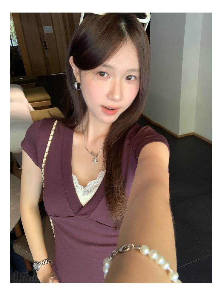 실사 그림 한 부서 Chic V넥 주름 슬림해 보이는 반팔 티셔츠 여성 의류 2026 새로운 올해 인기 폭발 맨위 상세 이미지 18