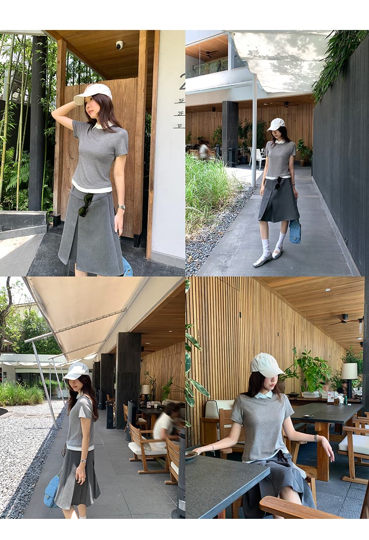 실사 그림 회색 폴로 칼라 페이크 레이어드 반팔 티셔츠 여성 여름 2026 새로운 튀김 거리 고유 한 아름다운 맨위 상세 이미지 9