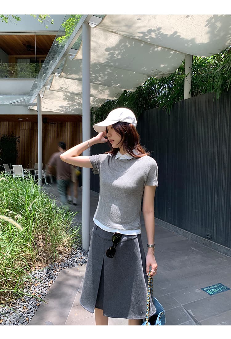 실사 그림 회색 폴로 칼라 페이크 레이어드 반팔 티셔츠 여성 여름 2026 새로운 튀김 거리 고유 한 아름다운 맨위 상세 이미지 14
