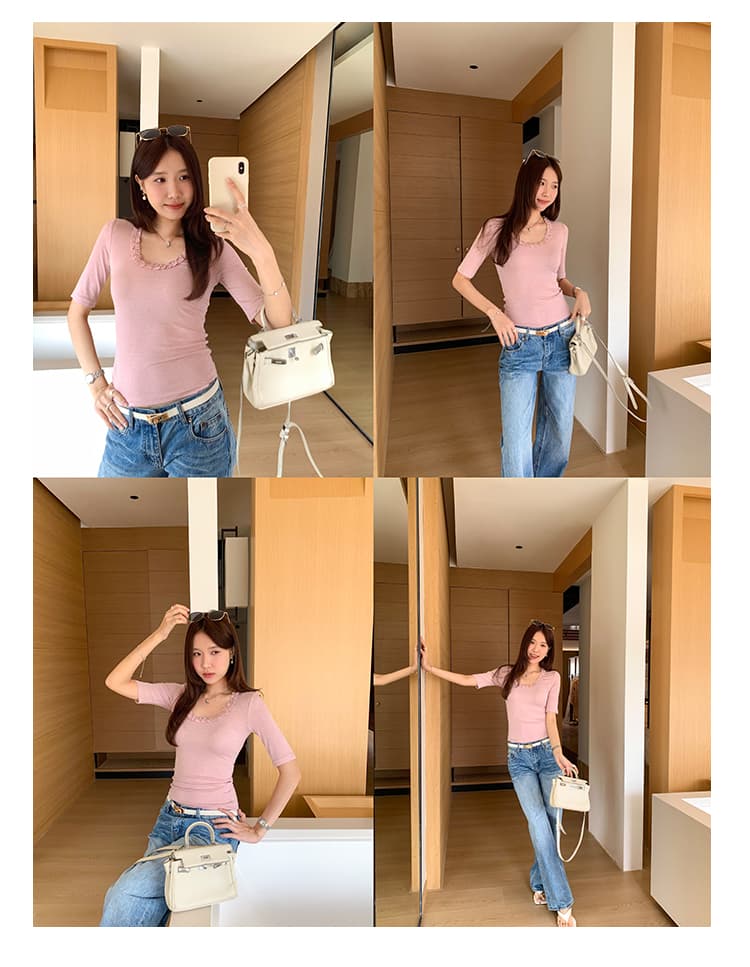 실사 그림 라이 경기 서울 주간 실크 u 칼라 프릴 몸매 가꾸기 5 점 소매 티셔츠 여성 여름 2026 새로운 꼬집기 허리 위로 의류 상세 이미지 20