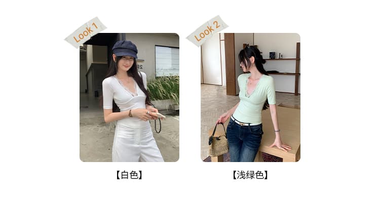 실사 그림 프랑스식 레이스 조각 깊은 V 넥 꼬집기 허리 반팔 티셔츠 여성 여름 2026 새로운 디자인 센스 작은 대중 맨위 상세 이미지 6