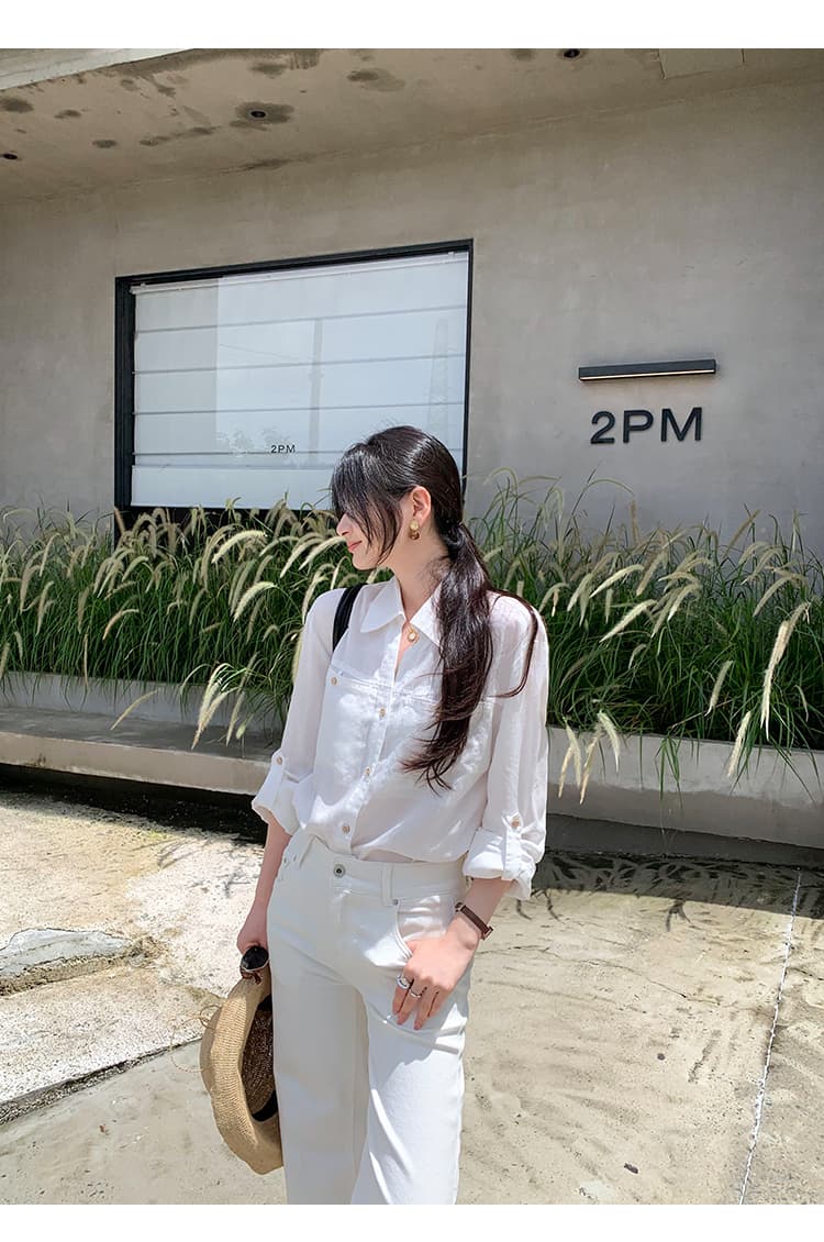 실사 그림 한국 스타일 폴로 칼라 셔츠 여성 긴 소매 더블 주머니 금속 버클 출퇴근 품격 맨위 상세 이미지 18