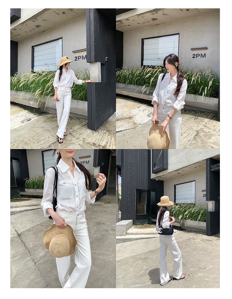 실사 그림 한국 스타일 폴로 칼라 셔츠 여성 긴 소매 더블 주머니 금속 버클 출퇴근 품격 맨위 상세 이미지 19