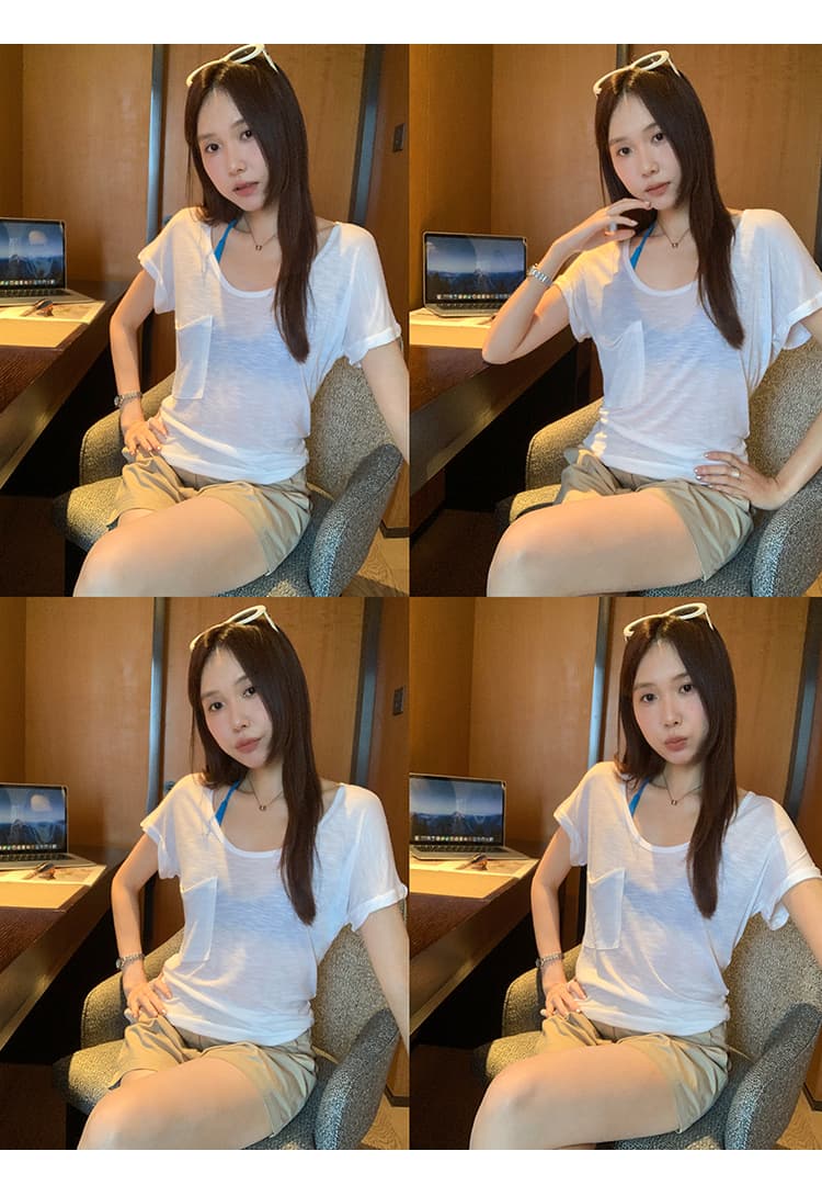 실사 그림 고급 센스 화이트 u 칼라 반팔 티셔츠 여성 여름 2026 새로운 슈퍼 화재 연령 감소 몸매 가꾸기 사소한 맨위 상세 이미지 12