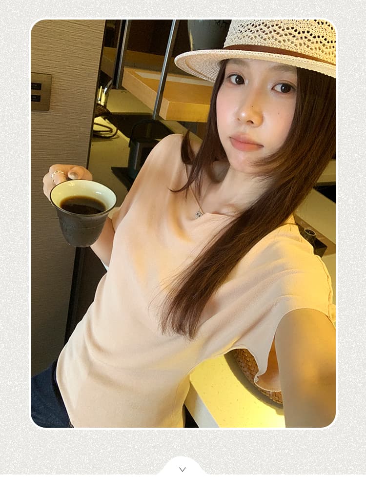 실사 그림 자이언트 잘 생긴 살구 색상 비스듬한 어깨 반팔 니트 티셔츠 여성 여름 2026 새로운 활력 가벼운 일 바람 맨위 상세 이미지 2