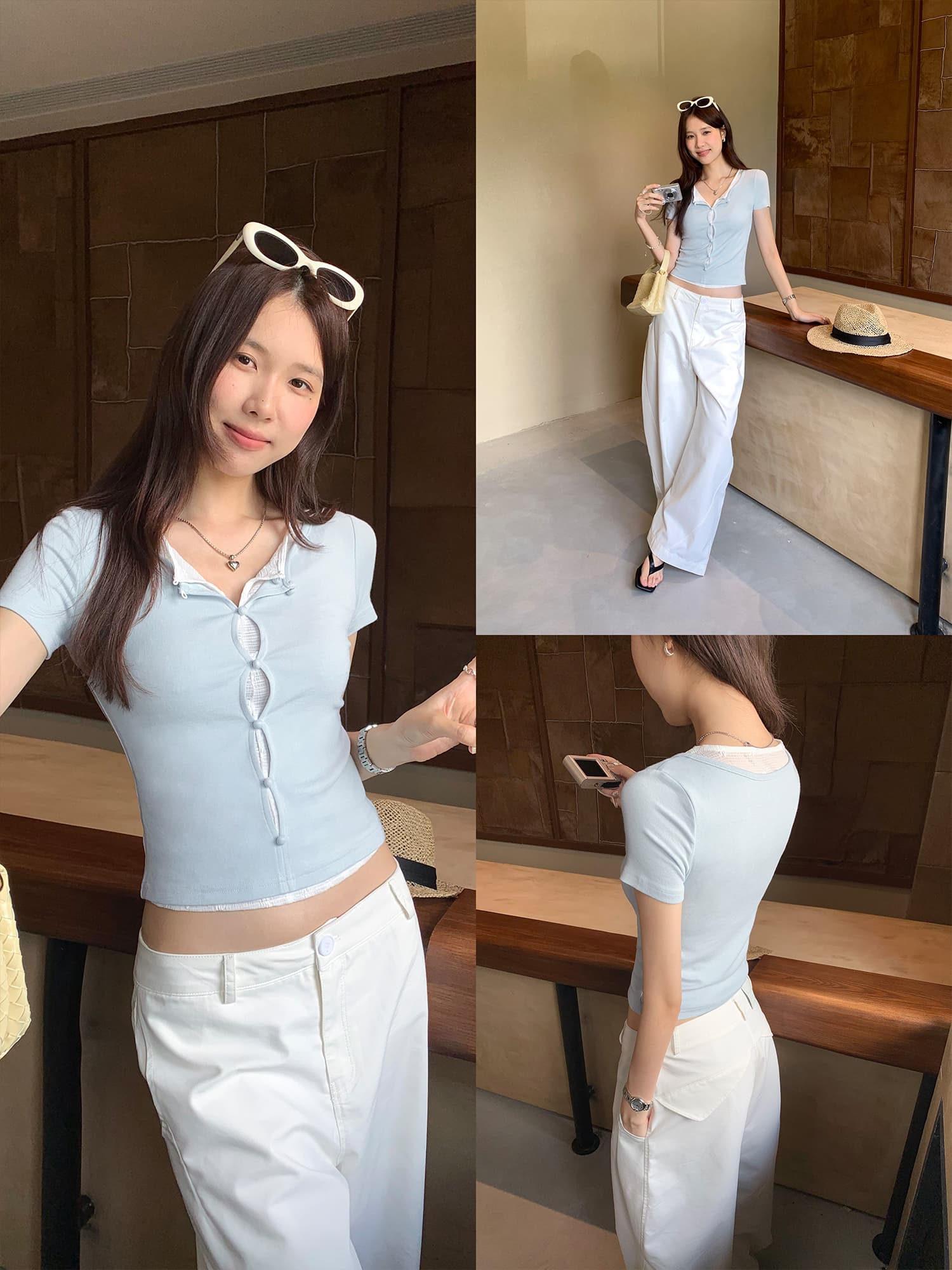 실사 그림 여름 긍정적 인 어깨 홀로우 아웃 라운드 넥 패치워크 색상 페이크 레이어드 반팔 티셔츠 여성 2026 새로운 Chic 맨위