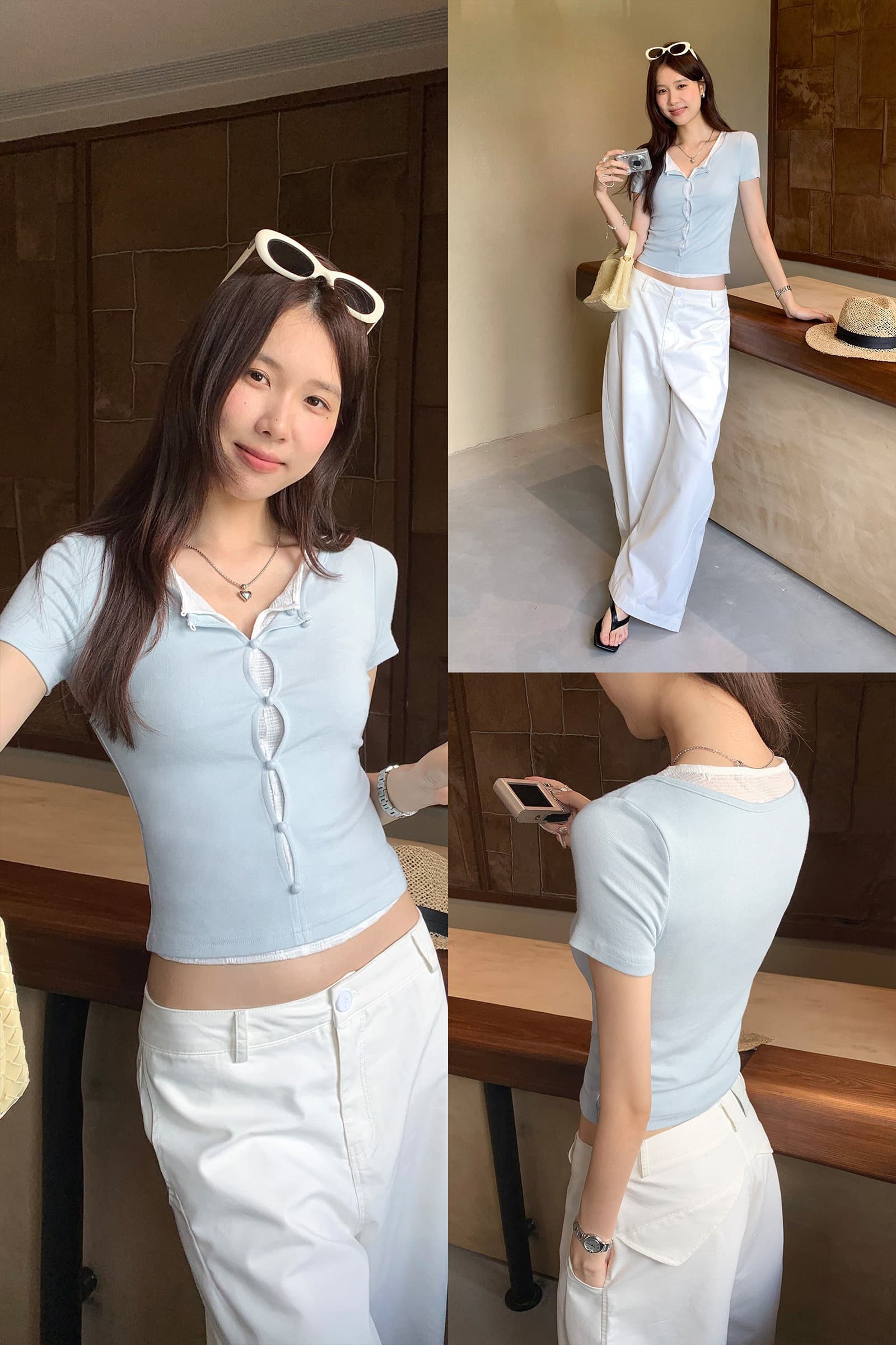실사 그림 여름 긍정적 인 어깨 홀로우 아웃 라운드 넥 패치워크 색상 페이크 레이어드 반팔 티셔츠 여성 2026 새로운 Chic 맨위 이미지 6