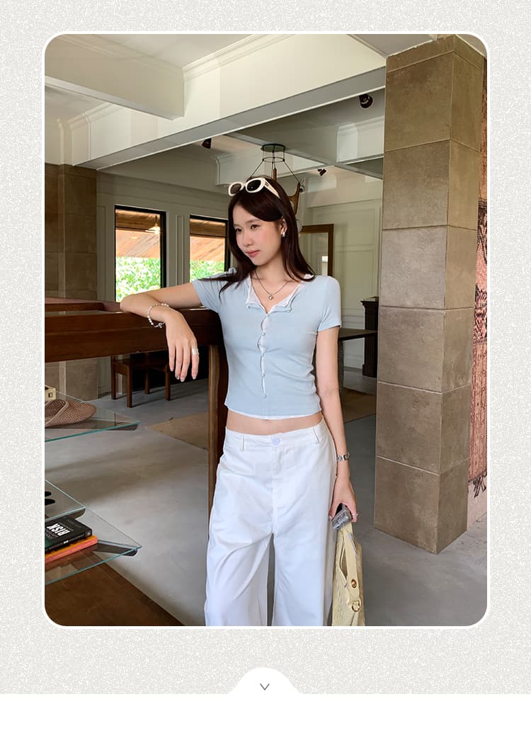 실사 그림 여름 긍정적 인 어깨 홀로우 아웃 라운드 넥 패치워크 색상 페이크 레이어드 반팔 티셔츠 여성 2026 새로운 Chic 맨위 상세 이미지 2