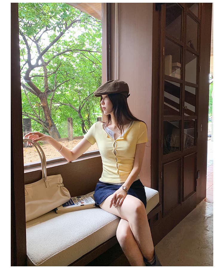 실사 그림 여름 긍정적 인 어깨 홀로우 아웃 라운드 넥 패치워크 색상 페이크 레이어드 반팔 티셔츠 여성 2026 새로운 Chic 맨위 상세 이미지 13