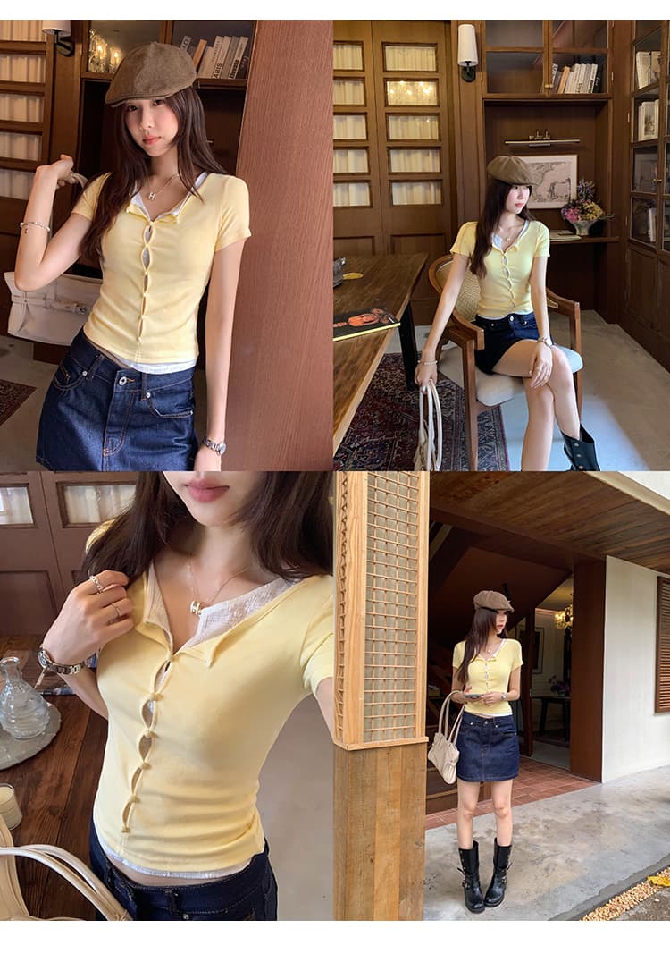 실사 그림 여름 긍정적 인 어깨 홀로우 아웃 라운드 넥 패치워크 색상 페이크 레이어드 반팔 티셔츠 여성 2026 새로운 Chic 맨위 상세 이미지 14