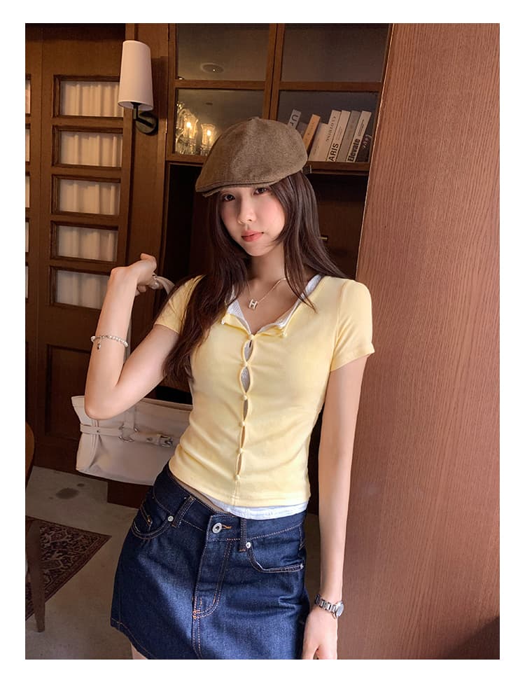 실사 그림 여름 긍정적 인 어깨 홀로우 아웃 라운드 넥 패치워크 색상 페이크 레이어드 반팔 티셔츠 여성 2026 새로운 Chic 맨위 상세 이미지 15