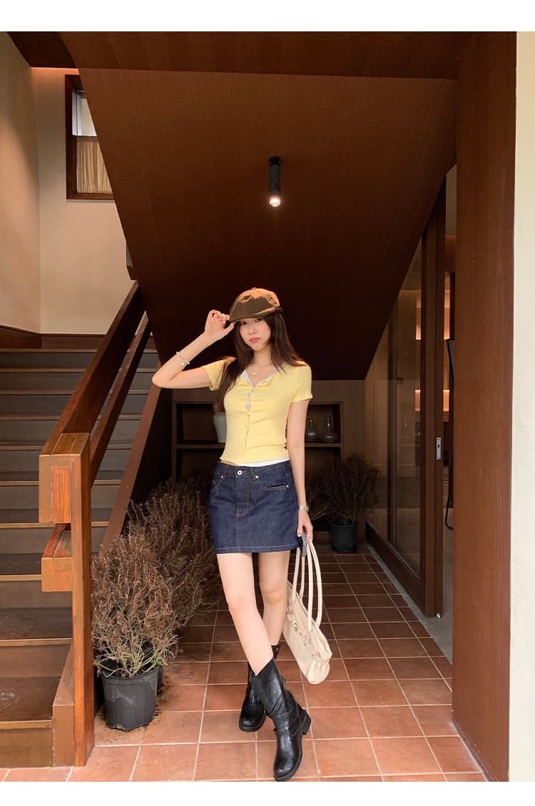 실사 그림 여름 긍정적 인 어깨 홀로우 아웃 라운드 넥 패치워크 색상 페이크 레이어드 반팔 티셔츠 여성 2026 새로운 Chic 맨위 상세 이미지 16