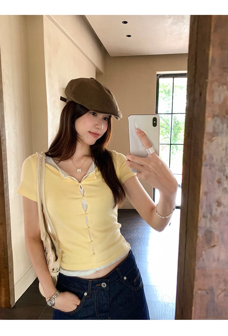 실사 그림 여름 긍정적 인 어깨 홀로우 아웃 라운드 넥 패치워크 색상 페이크 레이어드 반팔 티셔츠 여성 2026 새로운 Chic 맨위 상세 이미지 17