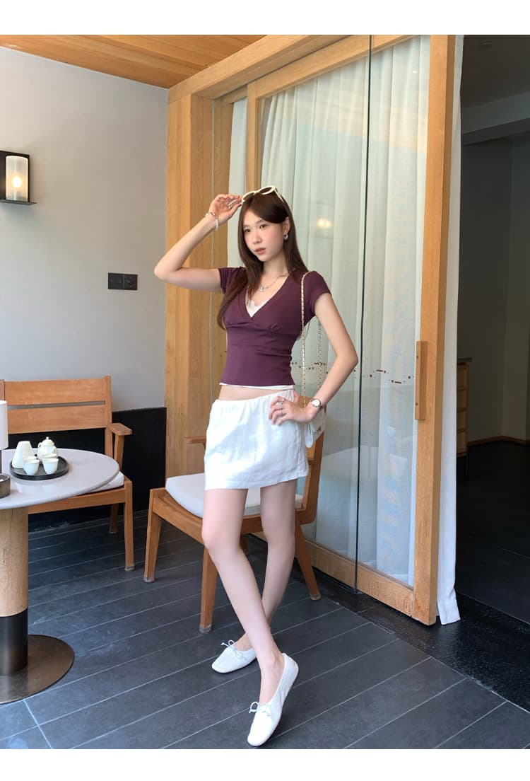 실사 그림 한 부서 Chic V넥 주름 슬림해 보이는 반팔 티셔츠 여성 의류 2026 새로운 올해 인기 폭발 맨위 상세 이미지 17